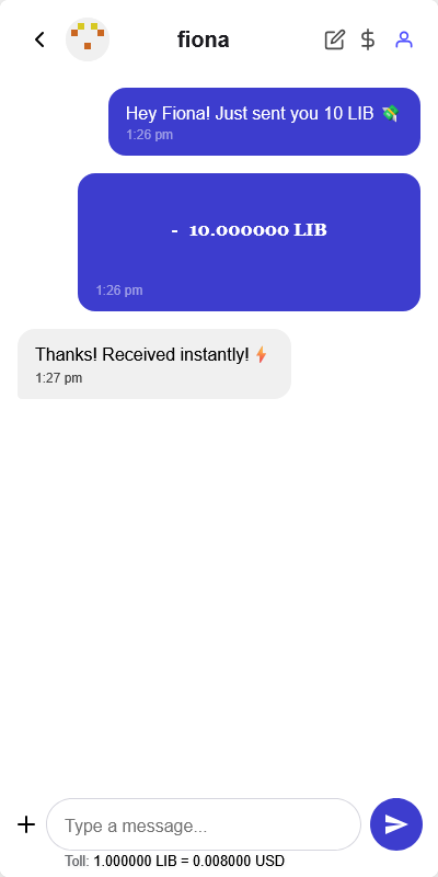 Liberdus Chat Interface showing crypto payments
